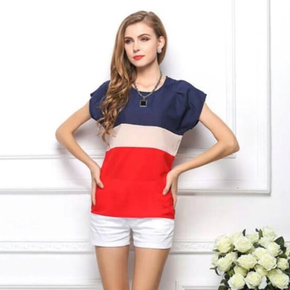 Colorblock Short Sleeve Top - Navy, Cream, and Red